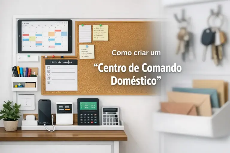 Central de organização doméstica com plantas e dispositivos tecnológicos.