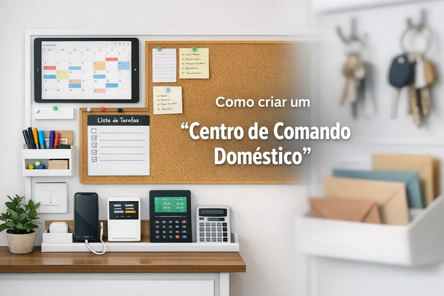 Central de organização doméstica com plantas e dispositivos tecnológicos.