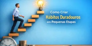 Homem sobe escada em direção a lâmpada, destacando finanças e hábitos pequenos.