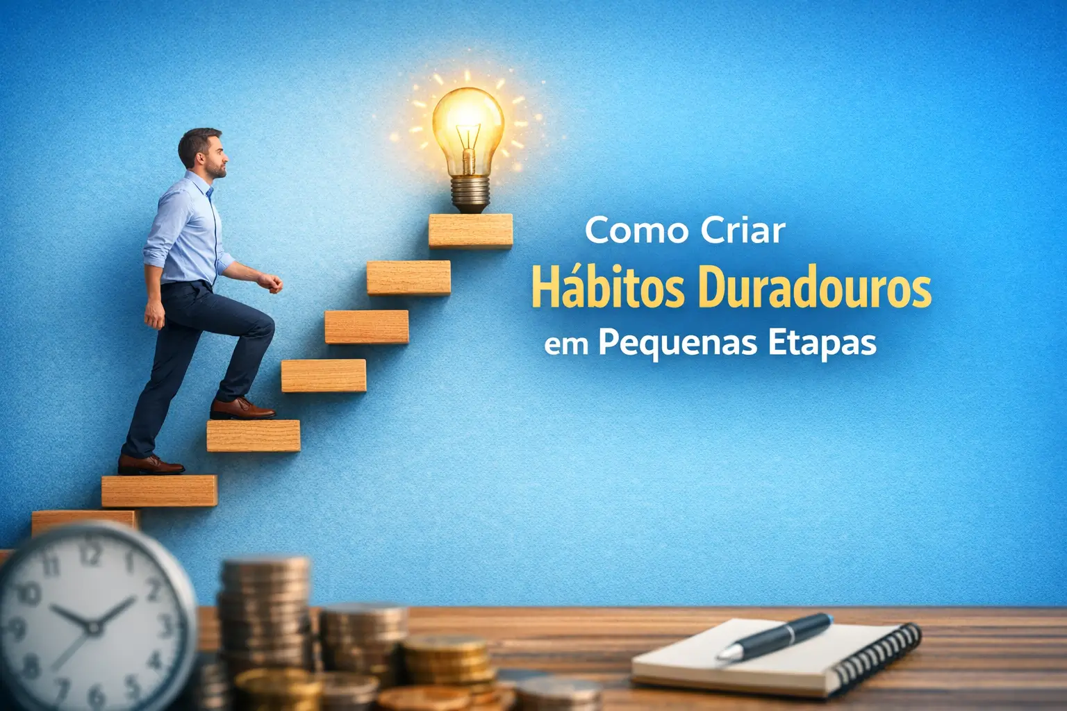 Homem sobe escada em direção a lâmpada, destacando finanças e hábitos pequenos.