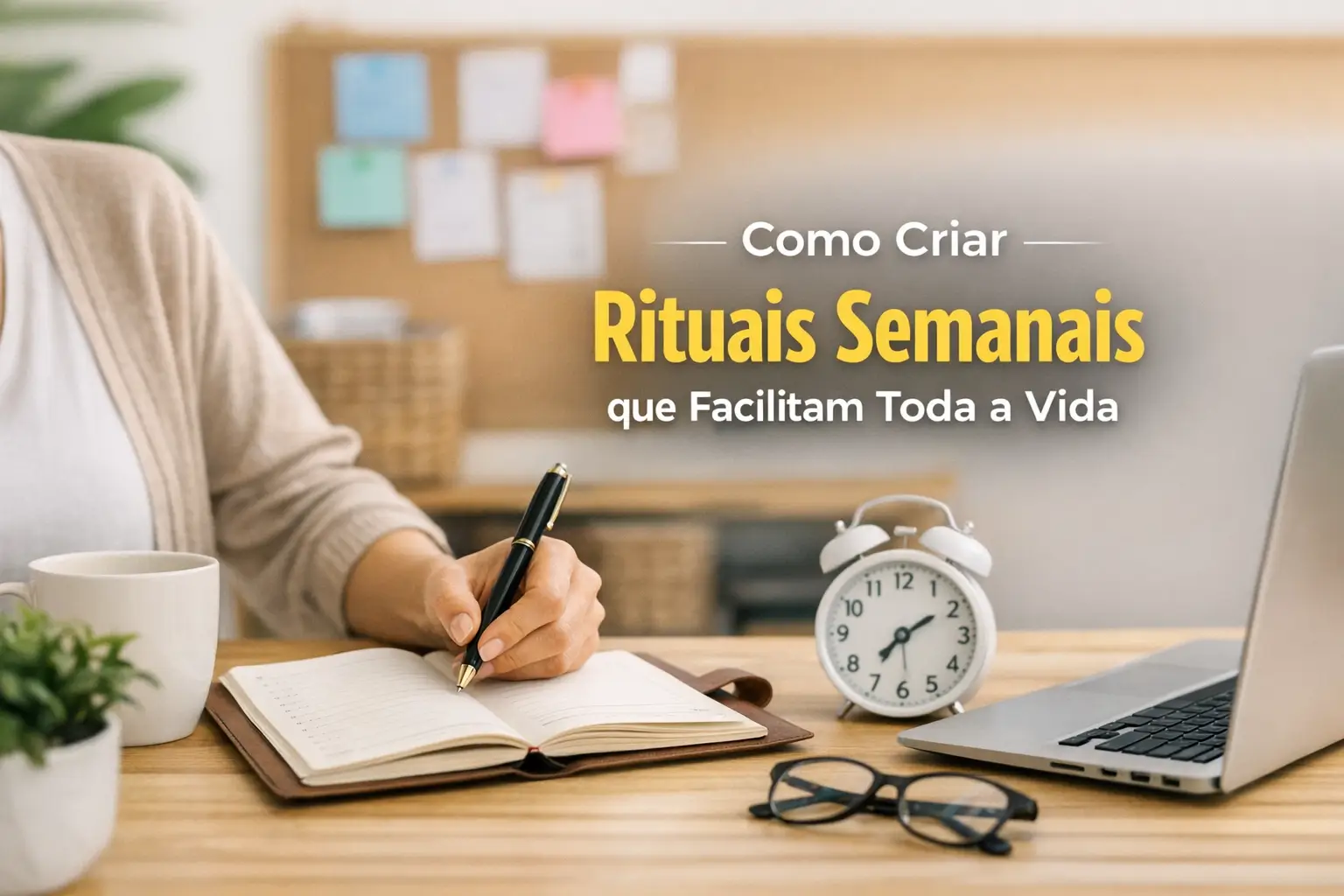 Pessoa escrevendo em um caderno em mesa organizada com laptop e relógio