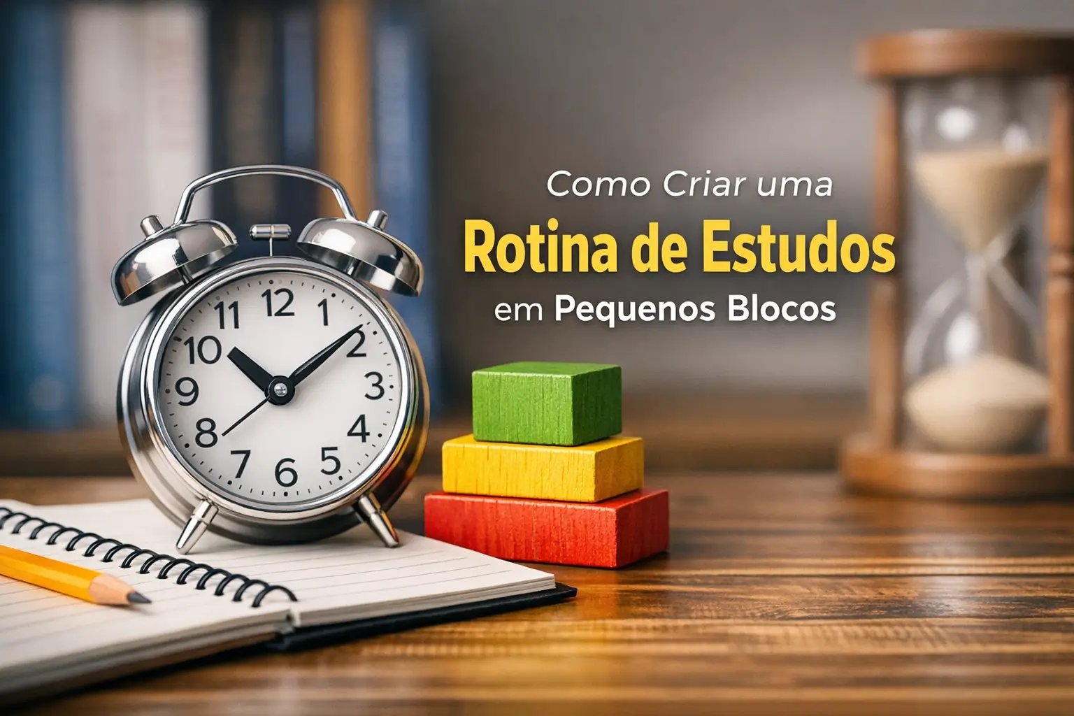 Relógio, caderno e blocos coloridos em mesa com foco em rotina de estudos