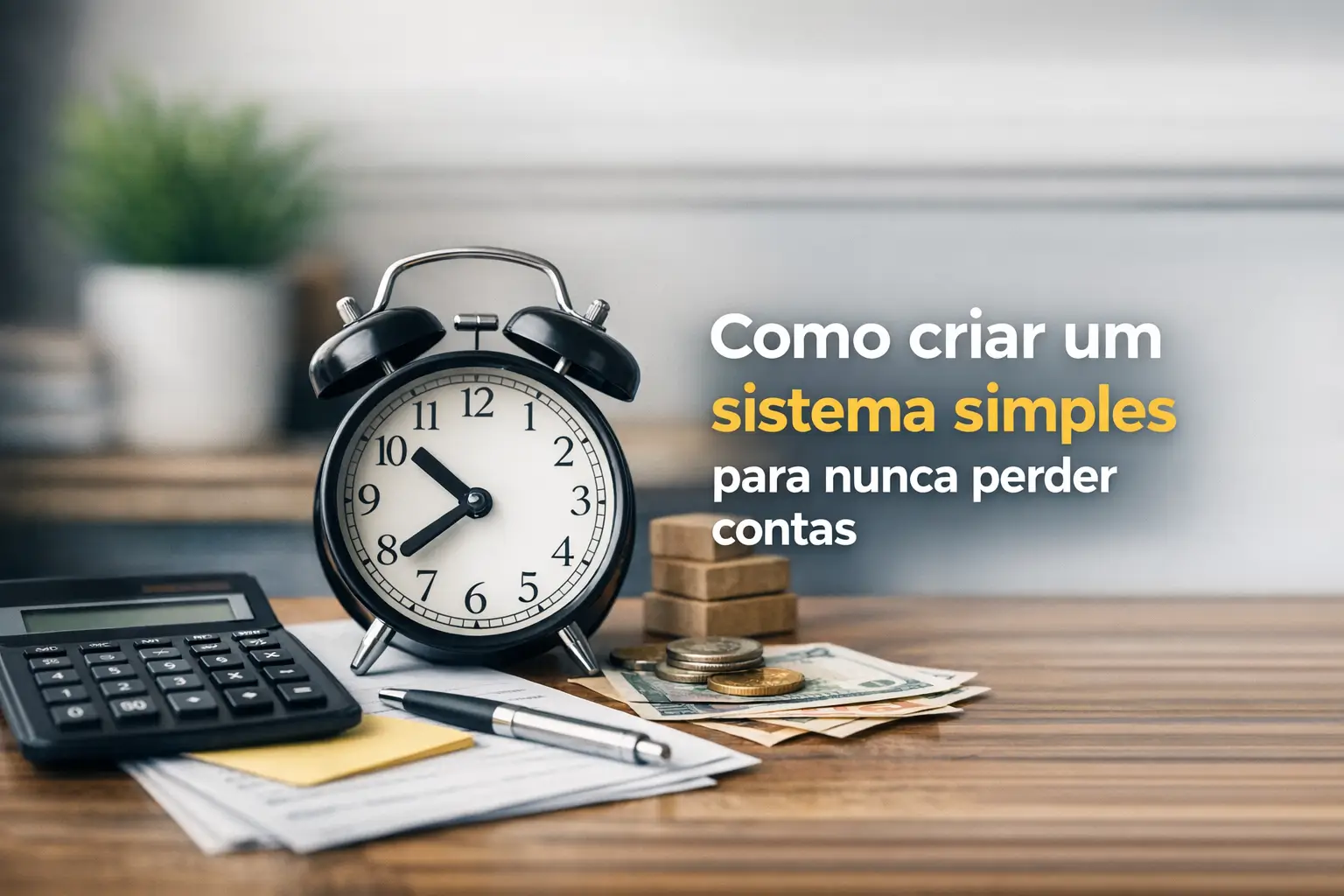 mesa com relógio, calculadora, moedas e plantas destacando educação financeira