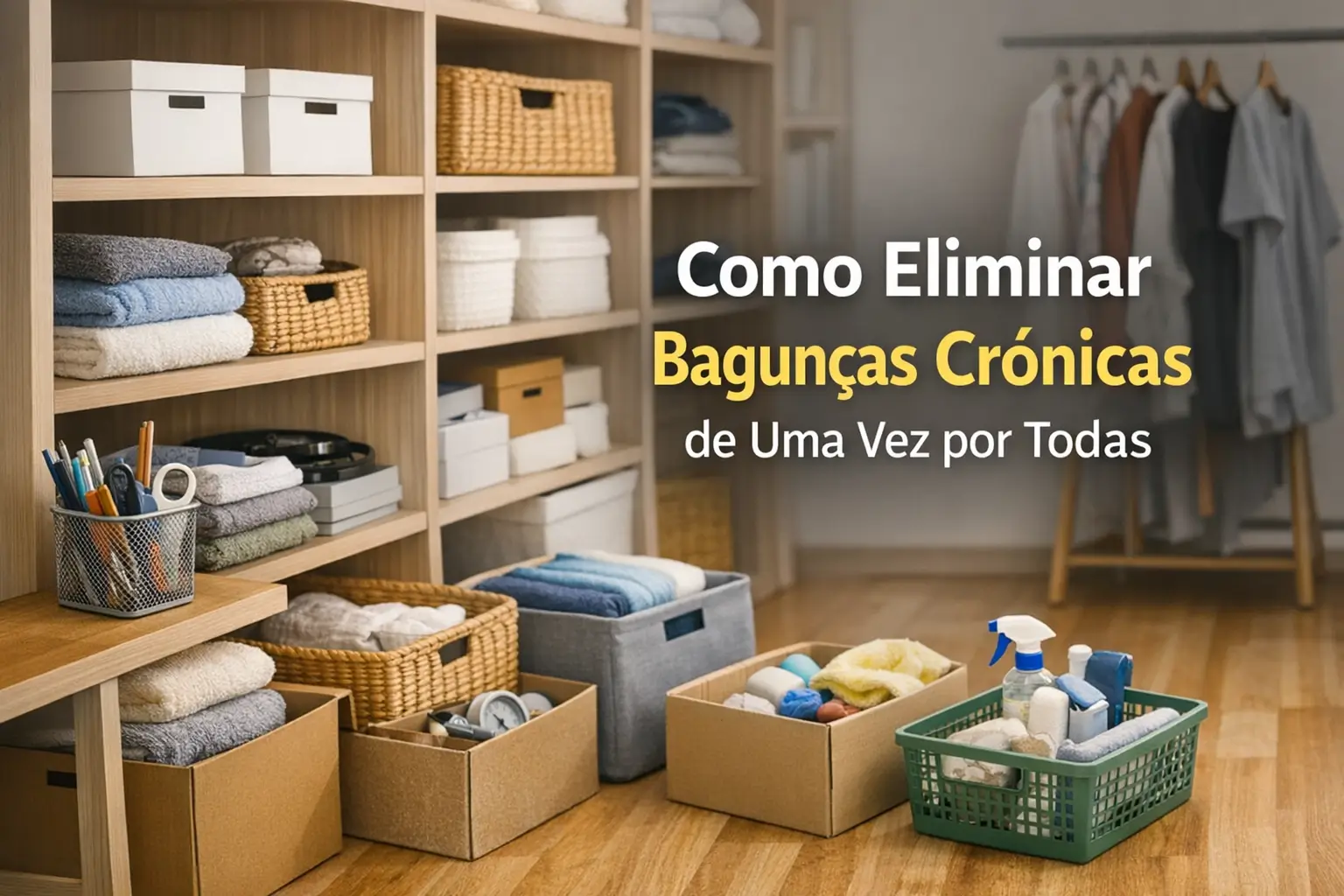 prateleiras organizadas com toalhas e materiais de limpeza, ambiente limpo