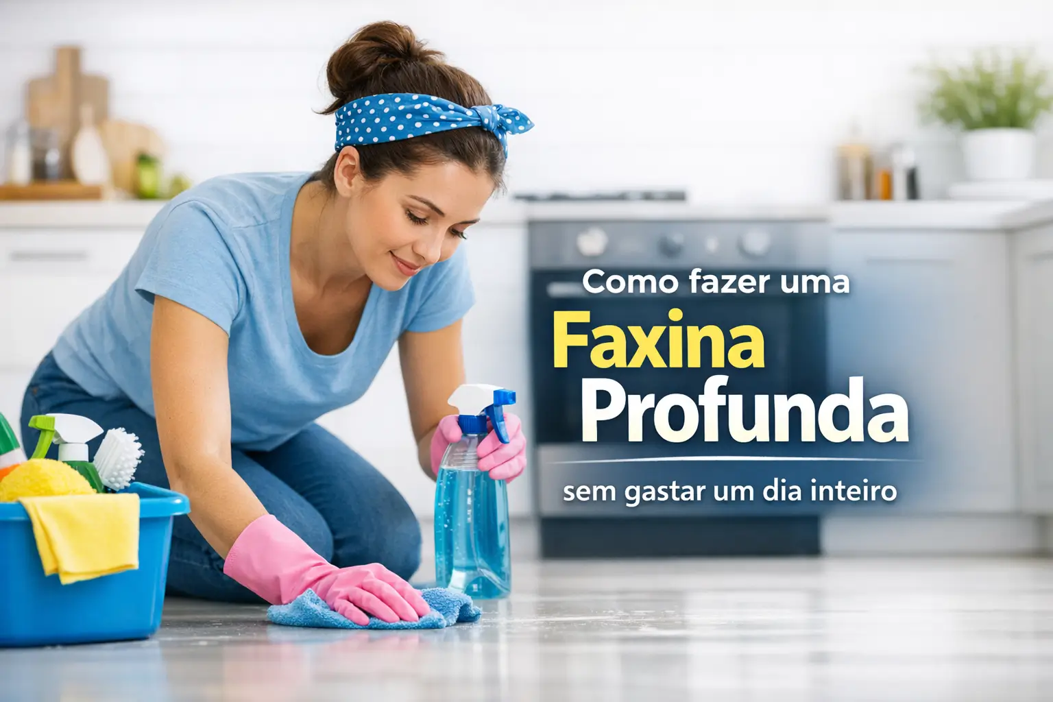Mulher limpando o chão com esponjas e balde próximo em cozinha moderna