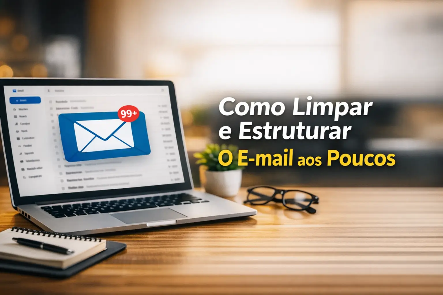 Laptop com tela de e-mail e notificação '99+', bloco de notas e óculos em ambiente de trabalho