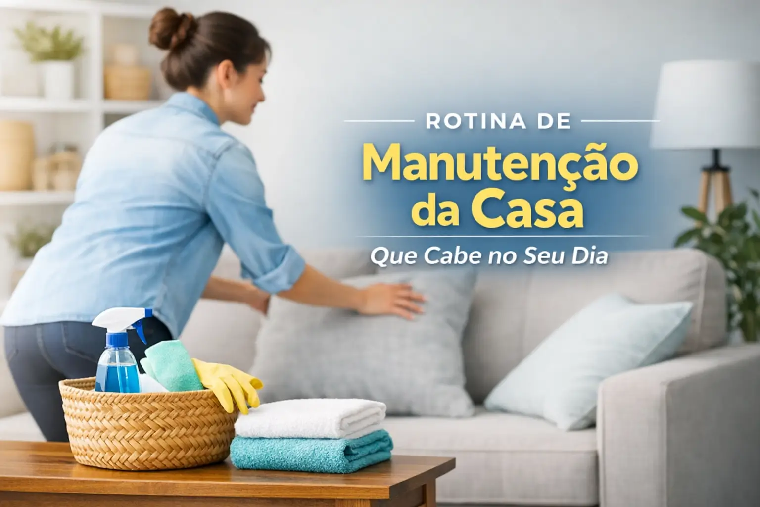 Mulher arrumando o sofá com itens de limpeza em um ambiente organizado