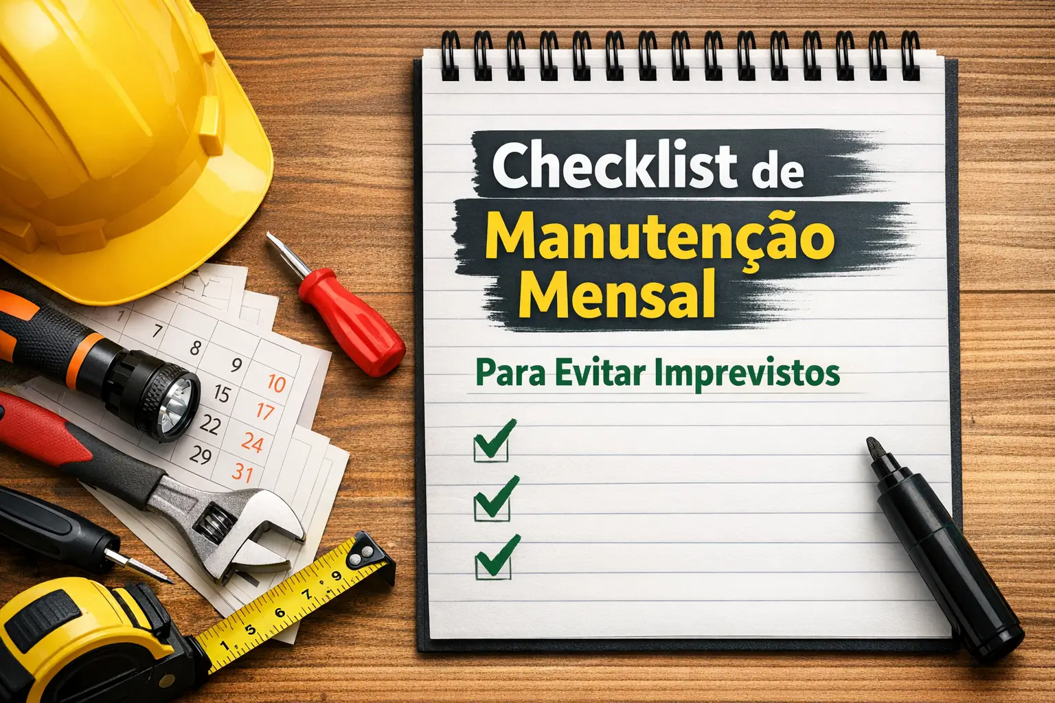Ferramentas e itens organizados com checklist "Checklist de Manutenção Mensal" em destaque.