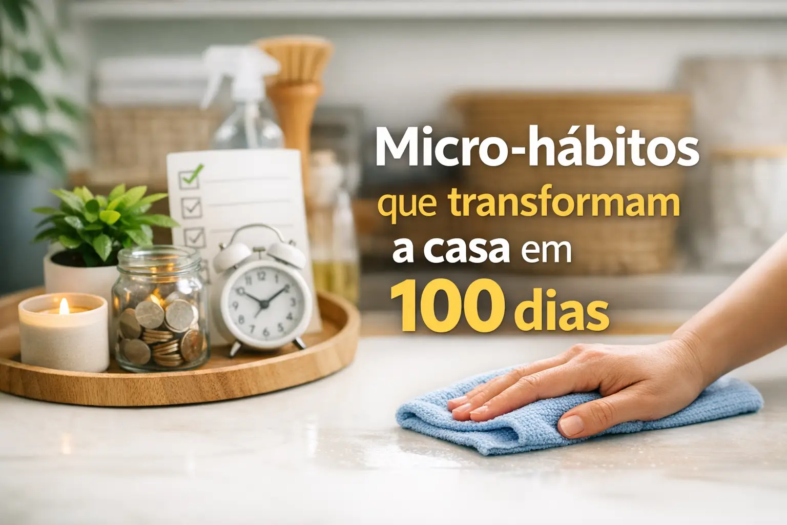 Mão limpando superfície ao lado de checklist, planta, moedas e relógio.