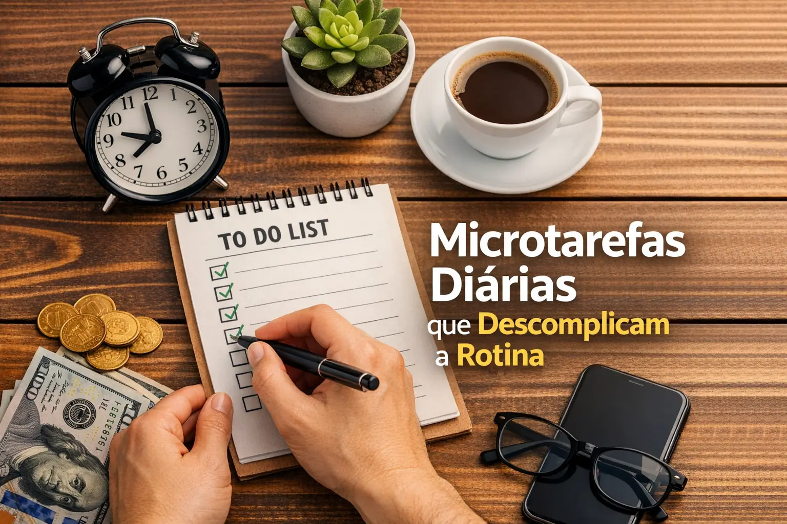 Mesa com despertador, lista de tarefas, café, moedas e dólar de tema financeiro