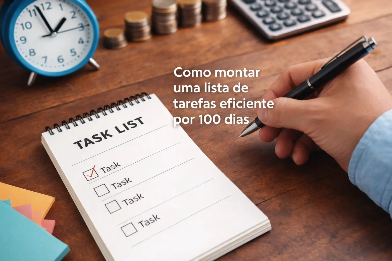 Mão segurando caneta sobre notepad 'TASK LIST' e itens sugerindo eficiência.