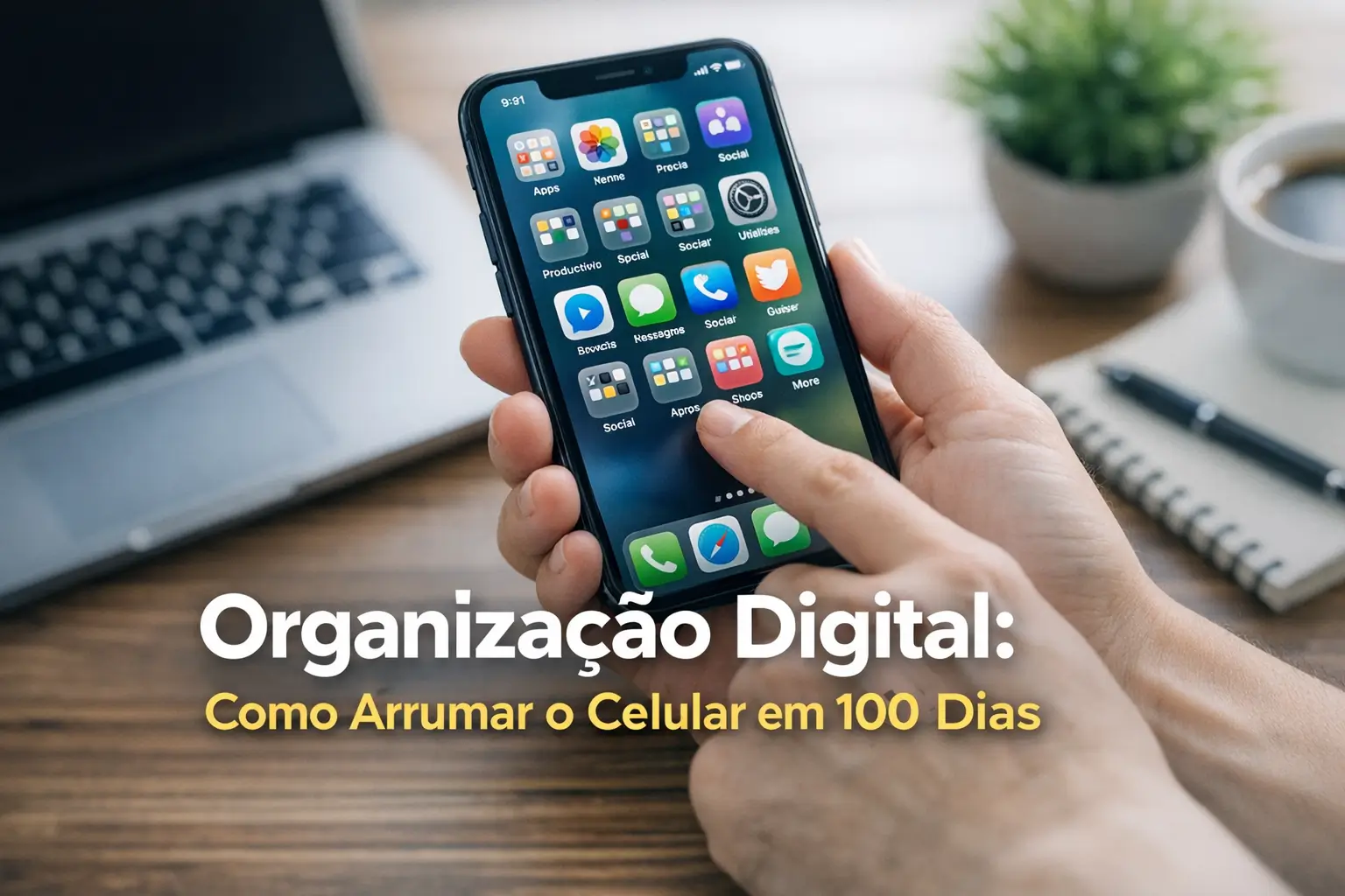 Close-up de celular com apps, texto 'Como Arrumar o Celular em 100 Dias', foco em organização digital