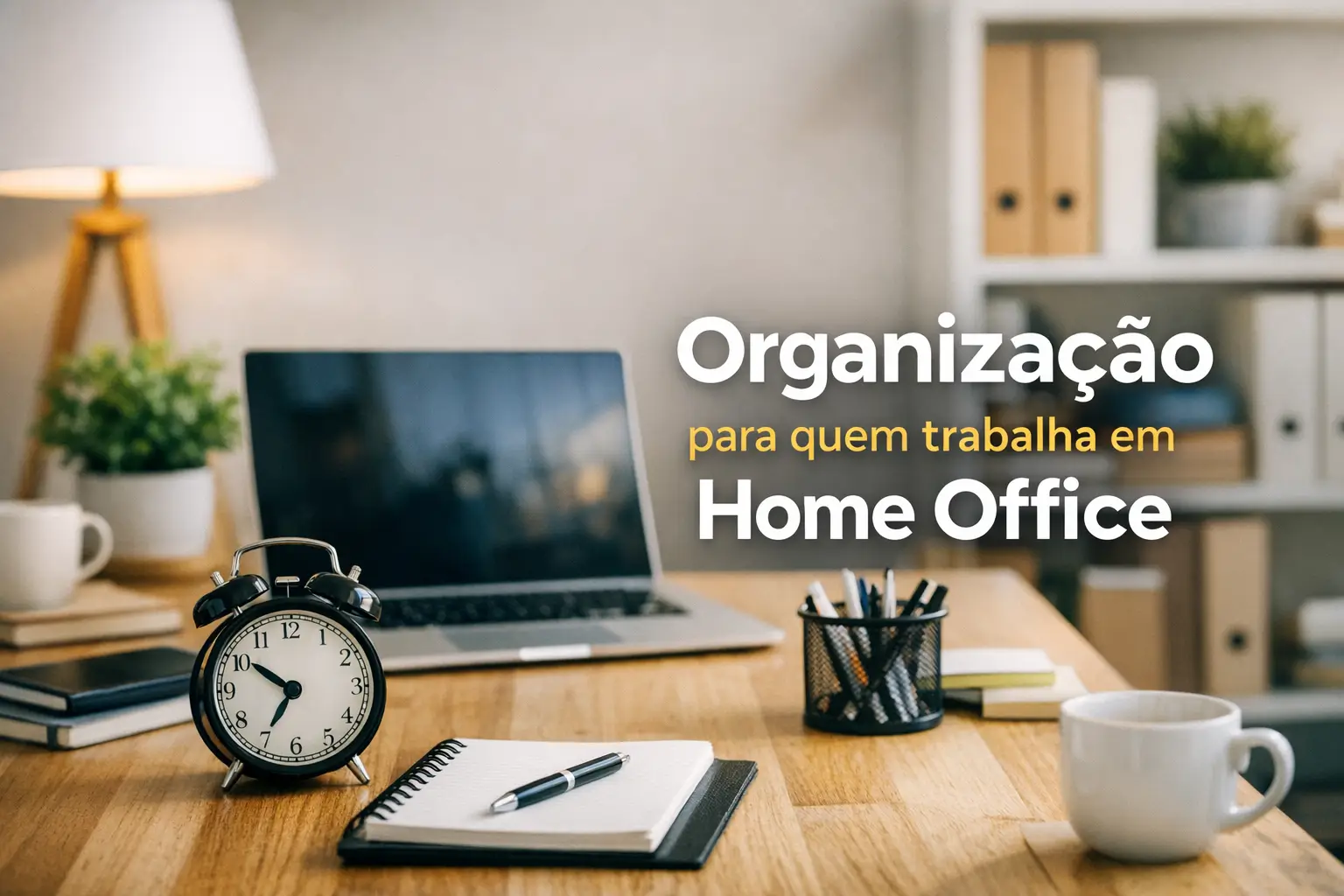 Mesa de home office com laptop, relógio e texto: Organização para quem trabalha em Home Office.