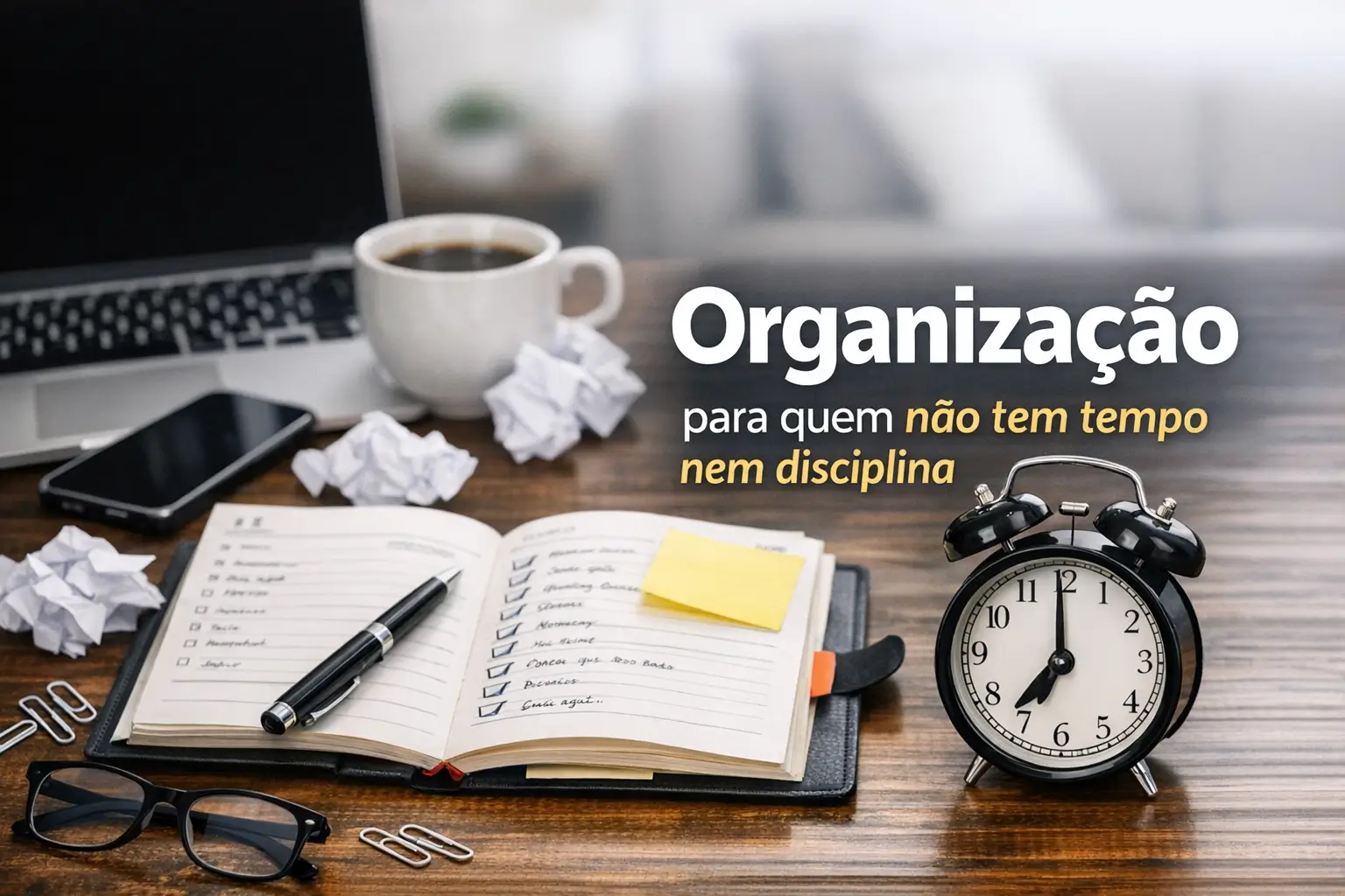 Mesa com notebook, caneta, óculos e nota 'Organização para quem não tem tempo nem disciplina'.