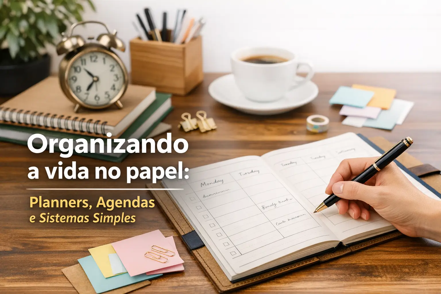 Mesa organizada com planner semanal, relógio e café representando organização financeira