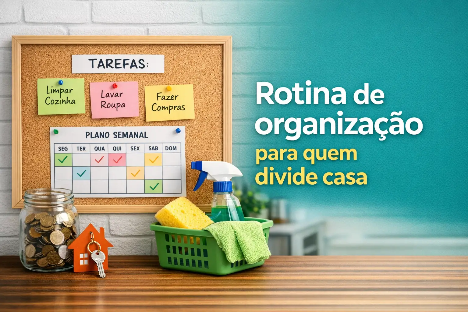 Mesa organizada com tarefas no quadro, moeda em pote, casa e rotina financeira