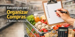 Carrinho de compras com alimentos frescos e mão com checklist e calculadora