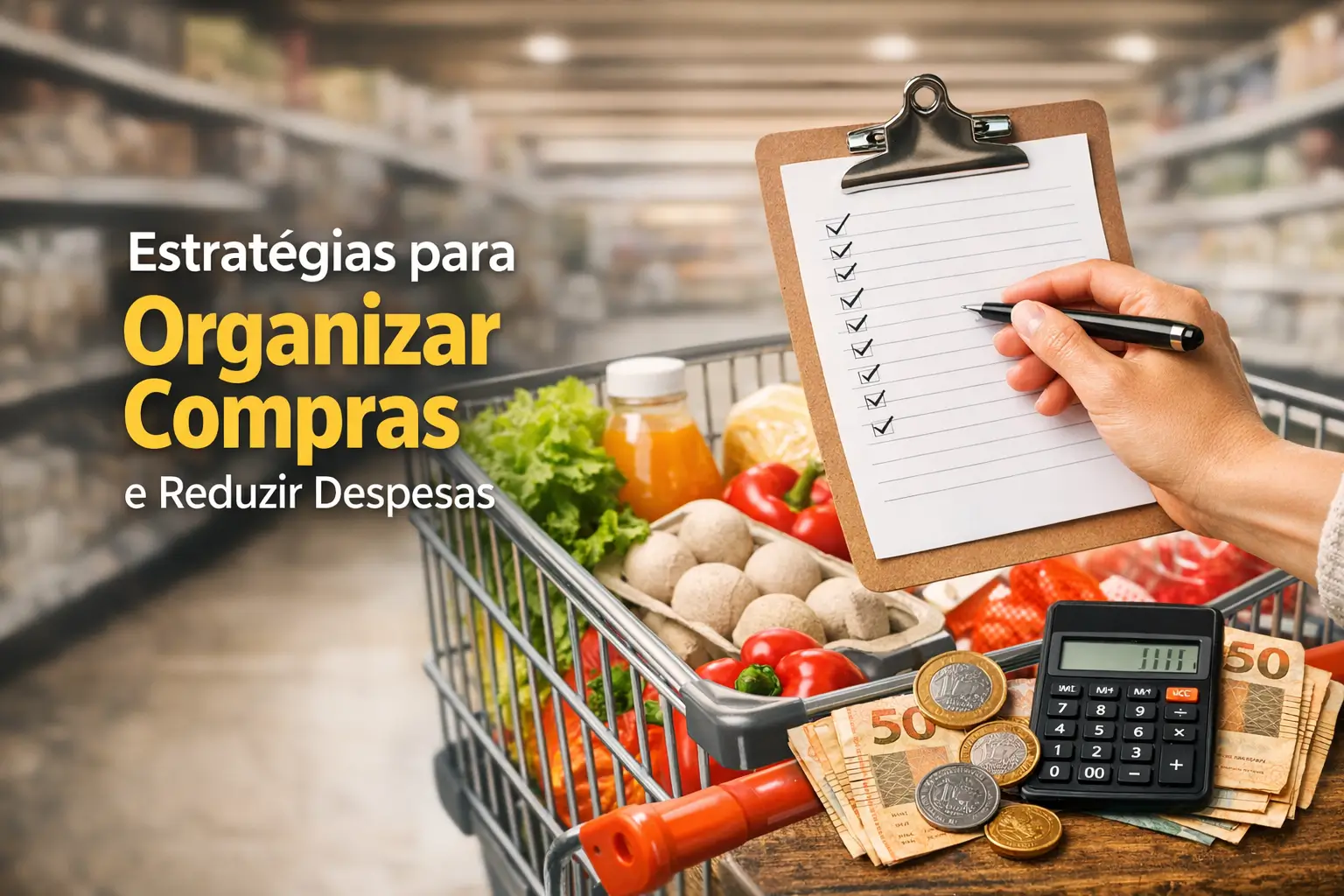 Carrinho de compras com alimentos frescos e mão com checklist e calculadora
