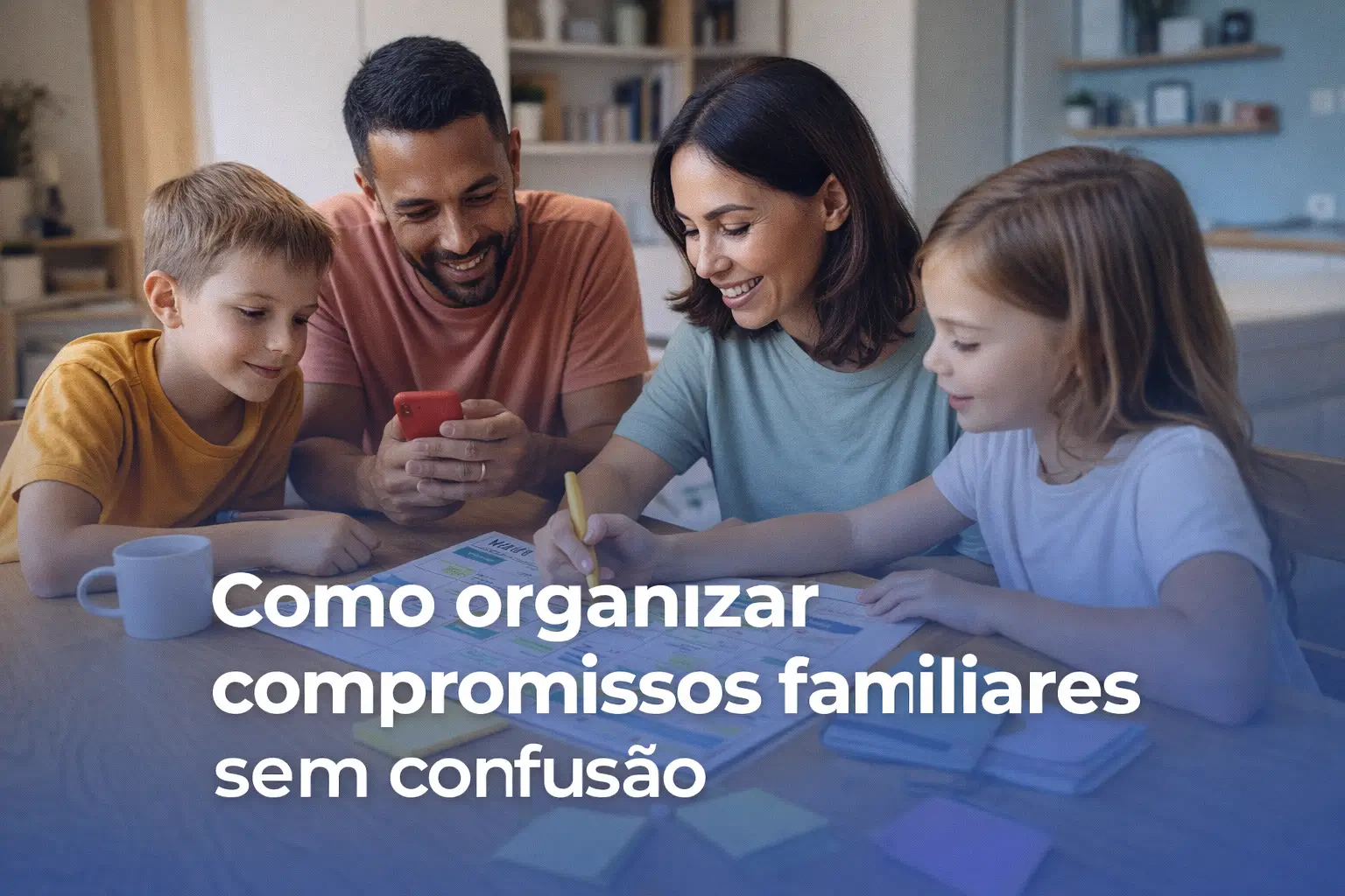 Família reunida organizando compromissos em um ambiente acolhedor com foco em 2026