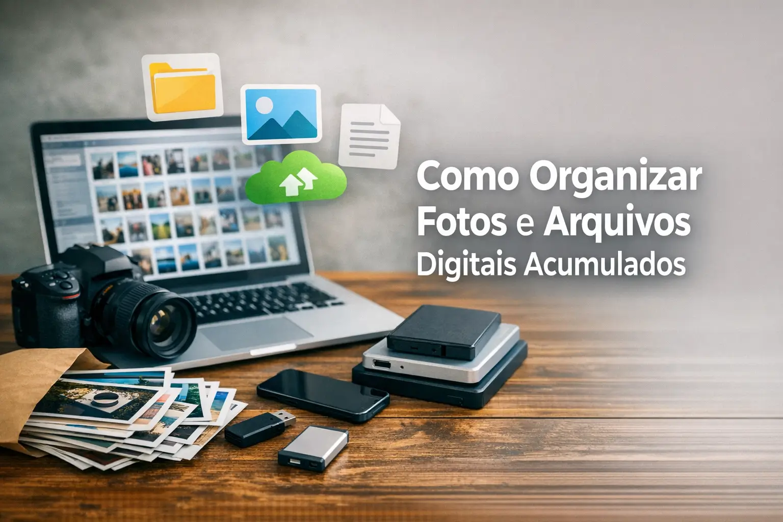 Laptop com miniaturas de fotos, câmera digital e texto sobre organização digital