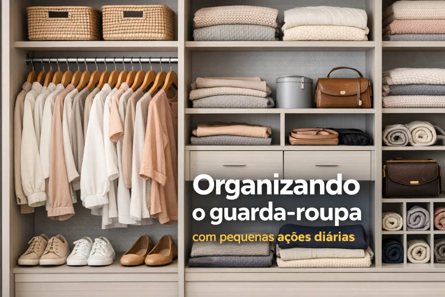 Guarda-roupa organizado com roupas neutras e acessórios em tons pastéis