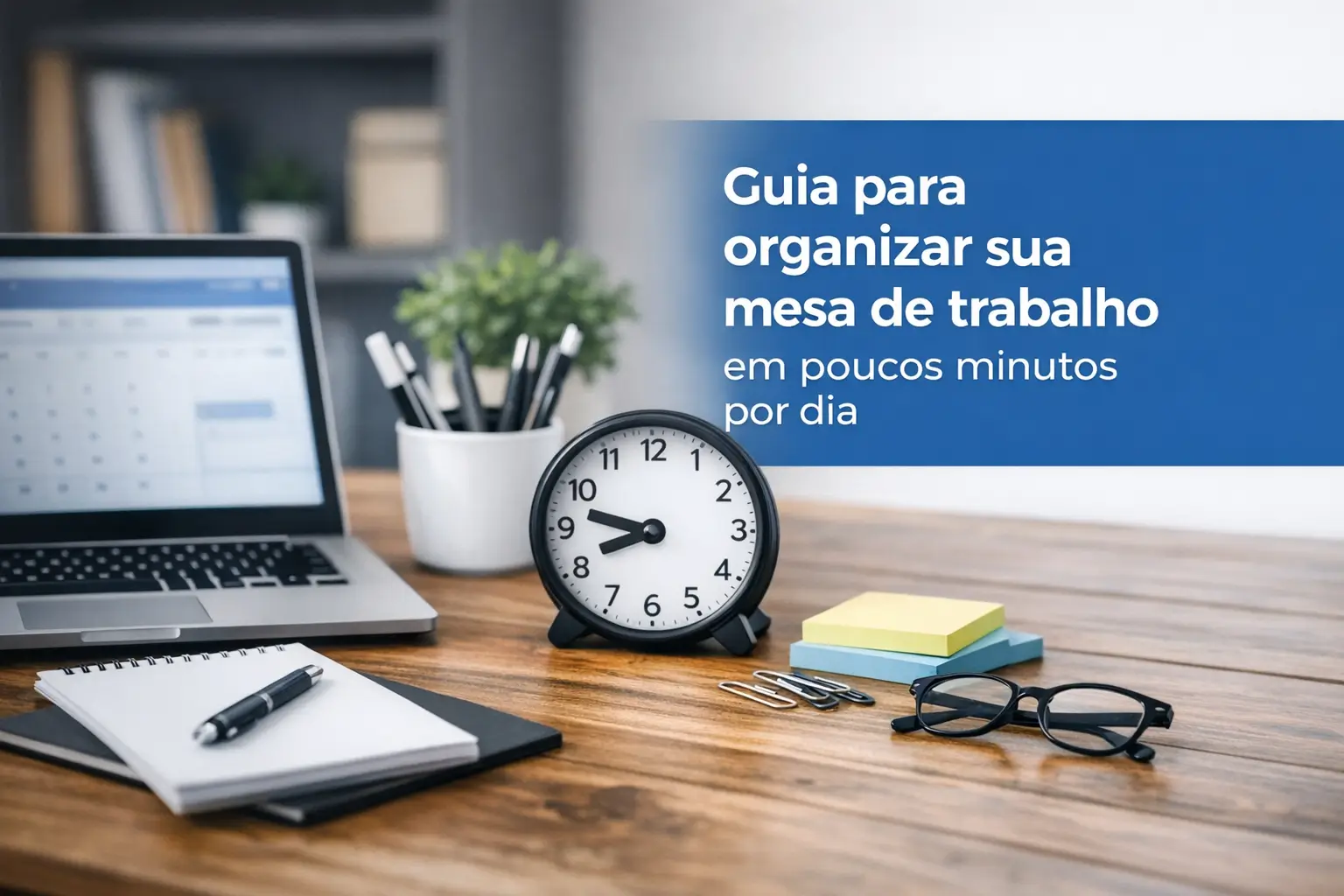 Mesa de trabalho organizada com laptop, relógio e materiais de escritório para educação financeira