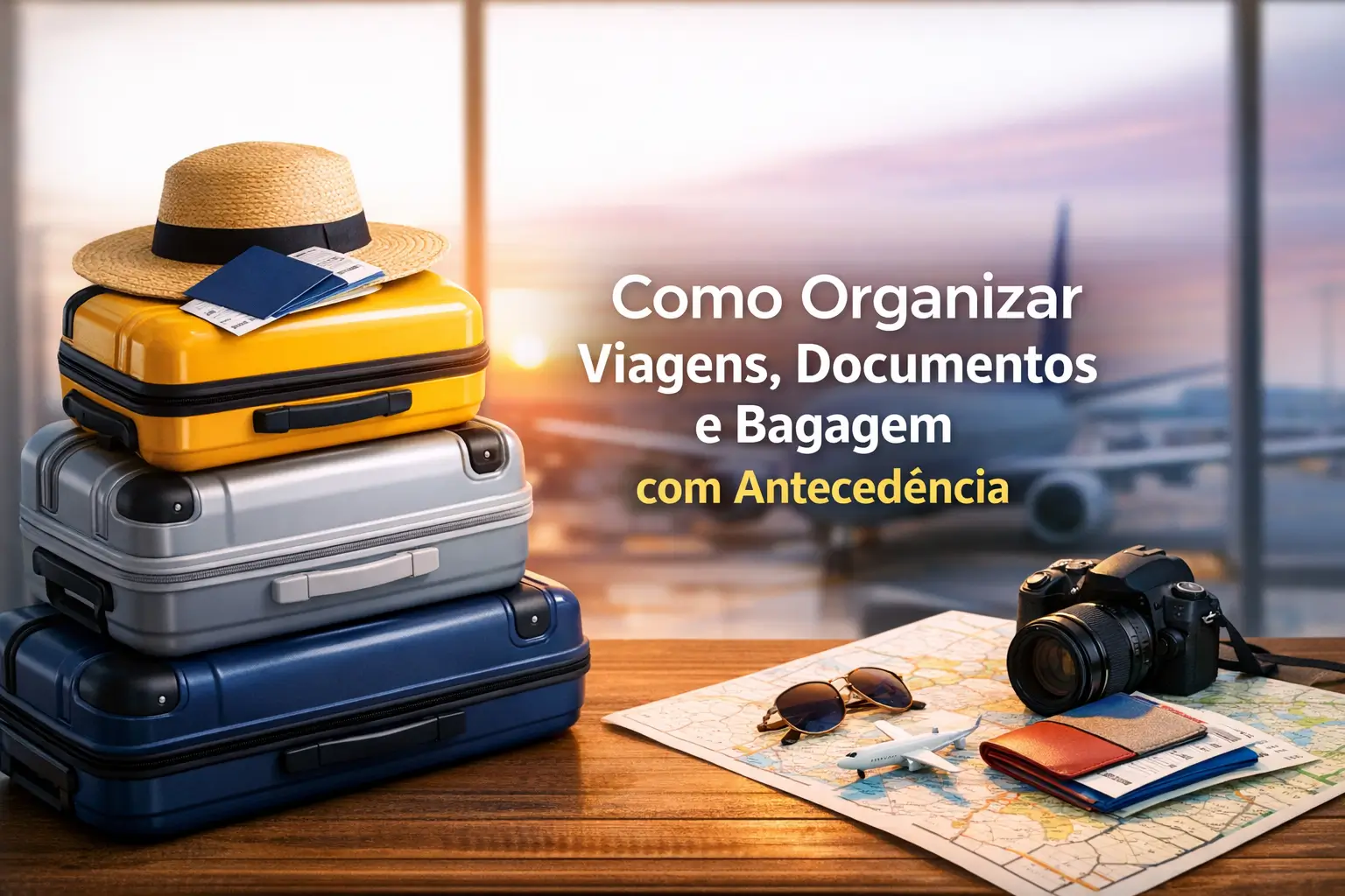 Mala colorida com chapéu de palha e documentos em mesa com mapa e aeroporto ao fundo em 2026
