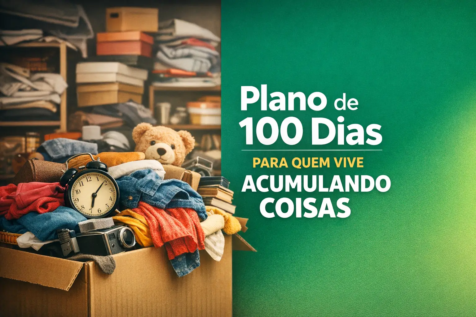 Cena com caixa cheia de roupas, urso e relógio, texto sobre plano de 100 dias