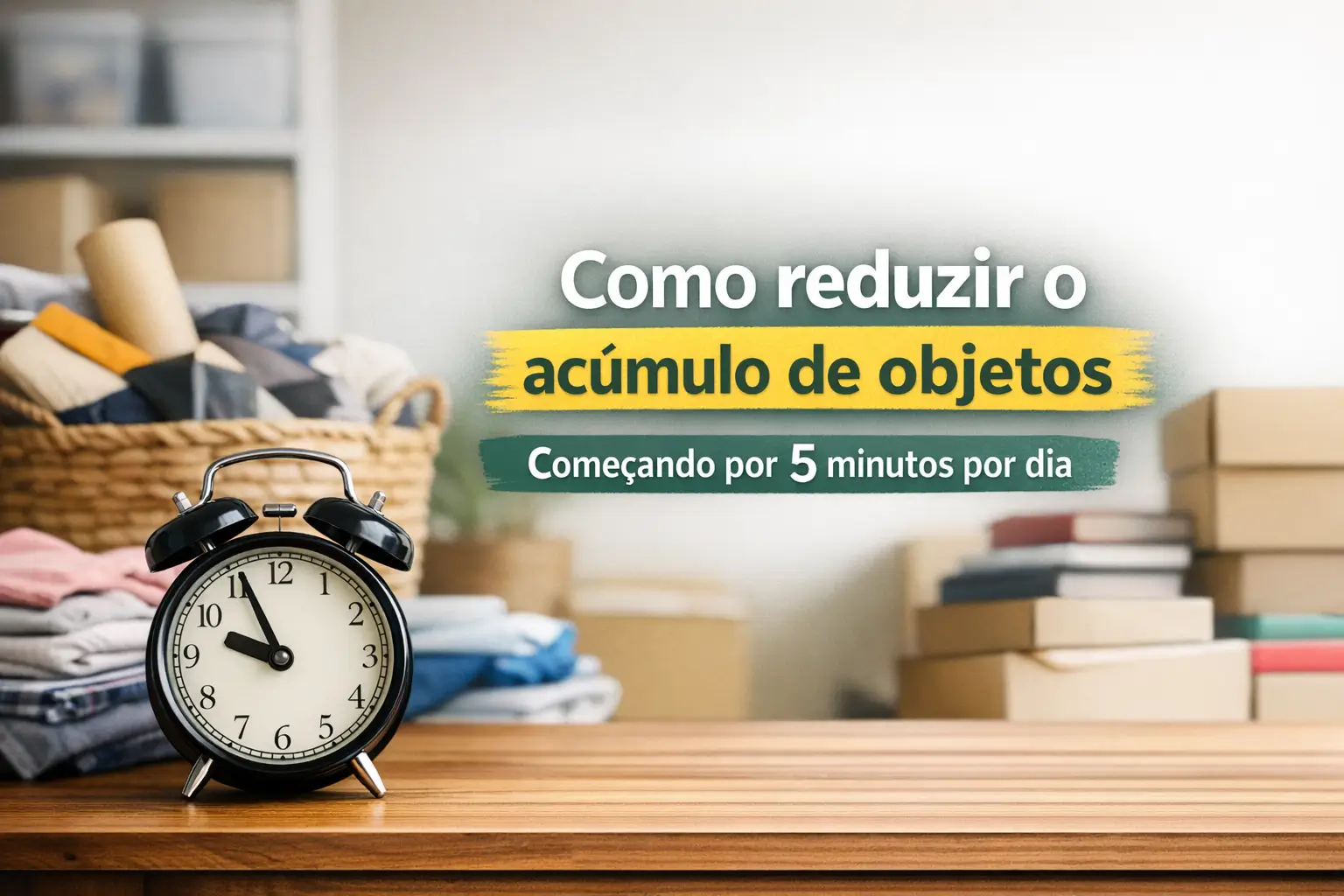 Relógio vintage preto em mesa com roupas dobradas e cesto, destacando organização