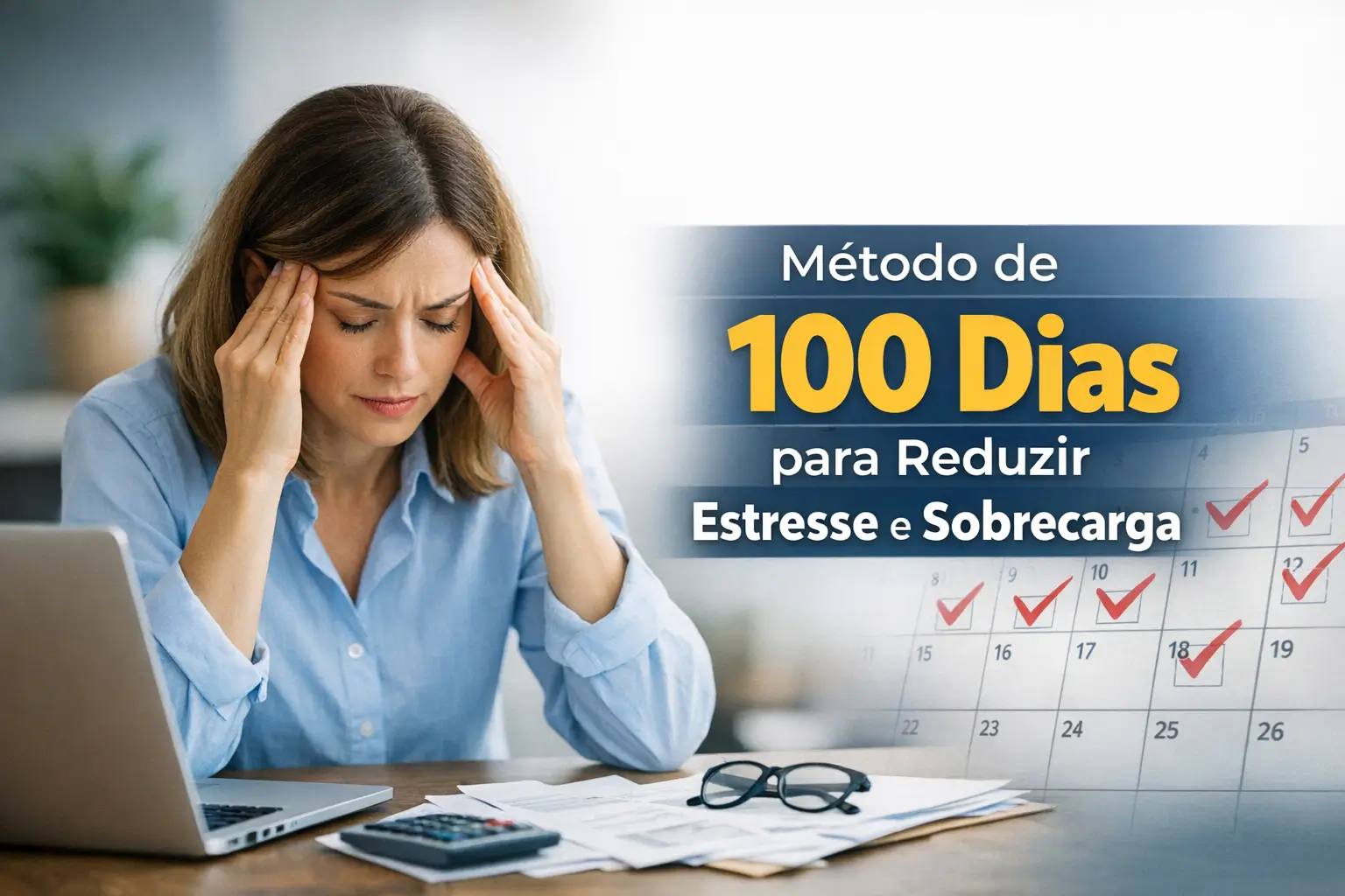 Mulher estressada com computador e papéis no método de 100 dias para reduzir estresse
