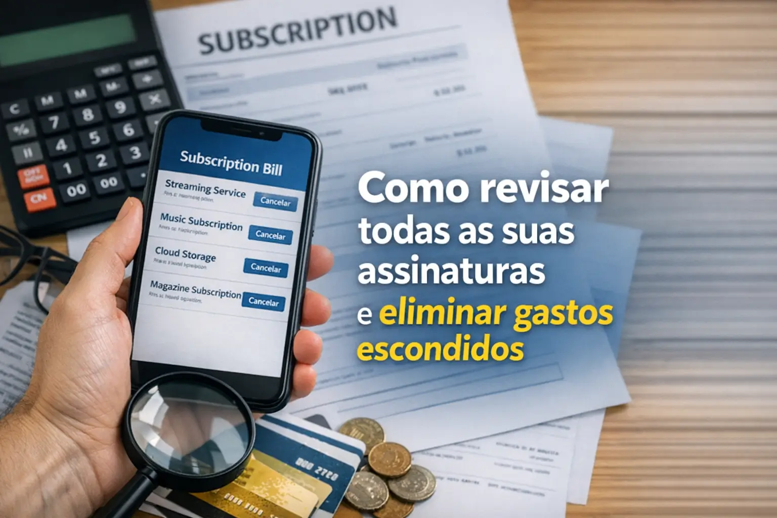 Mão segurando celular com conta de assinaturas e serviços visíveis em 2026