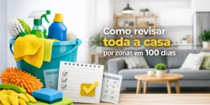 Balde azul com suprimentos de limpeza e plano para revisar a casa em 100 dias.