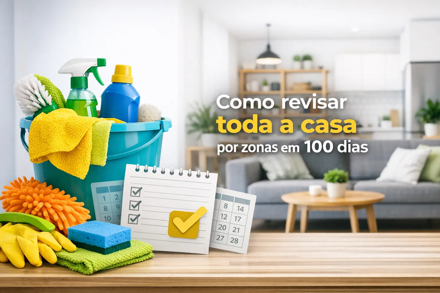 Balde azul com suprimentos de limpeza e plano para revisar a casa em 100 dias.