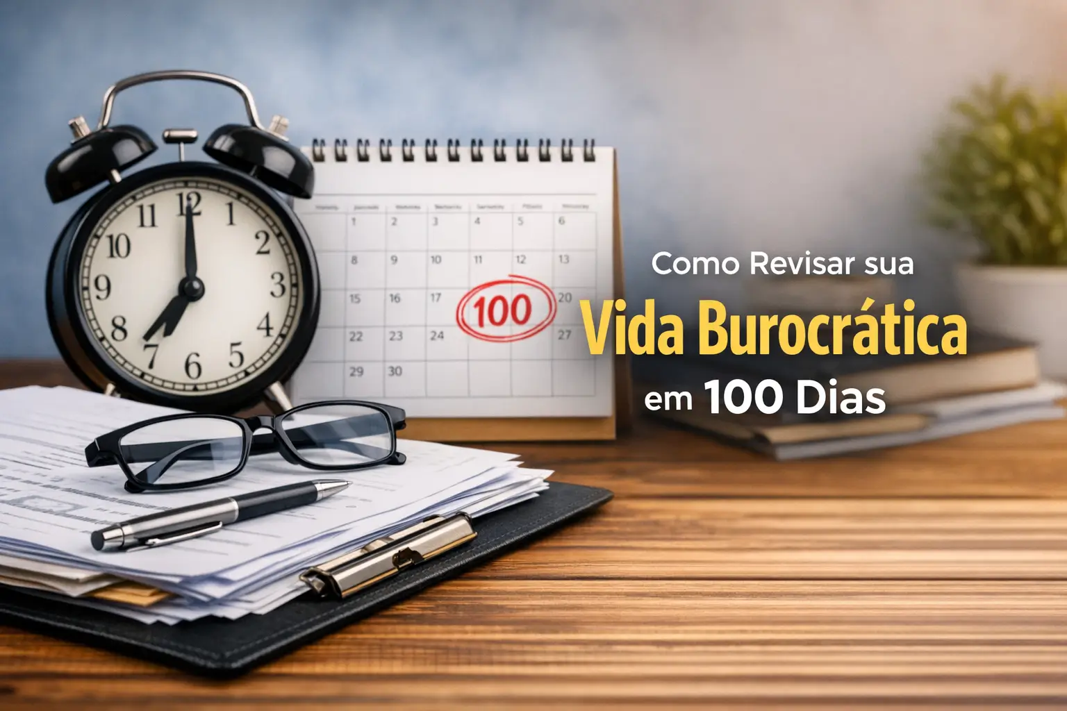 Relógio preto, óculos e calendário indicativo de planejamento com "100" em destaque
