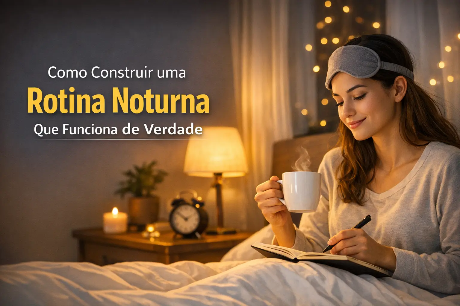 Mulher relaxando à noite com bebida quente e anotando ideias sob luz suave.