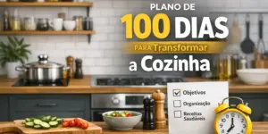 Relógio amarelo, salada colorida e objetivos de receita saudável em cozinha acolhedora