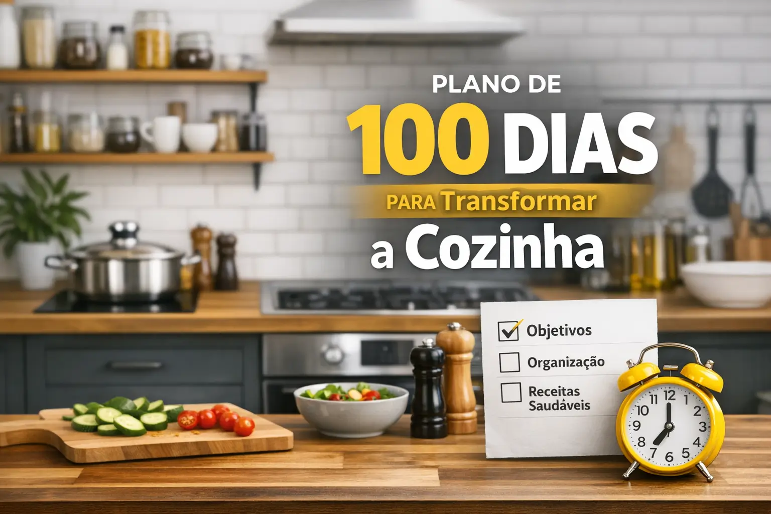 Relógio amarelo, salada colorida e objetivos de receita saudável em cozinha acolhedora