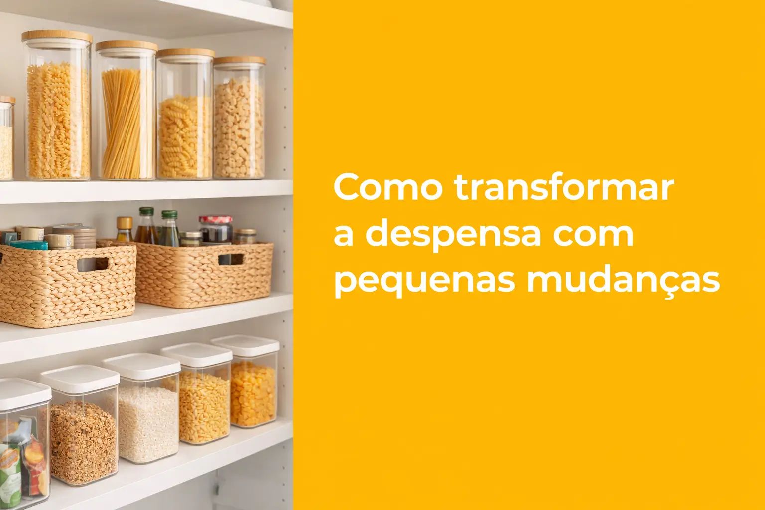 Despensa organizada com potes de vidro e cestas, dica para otimizar espaço 2026.